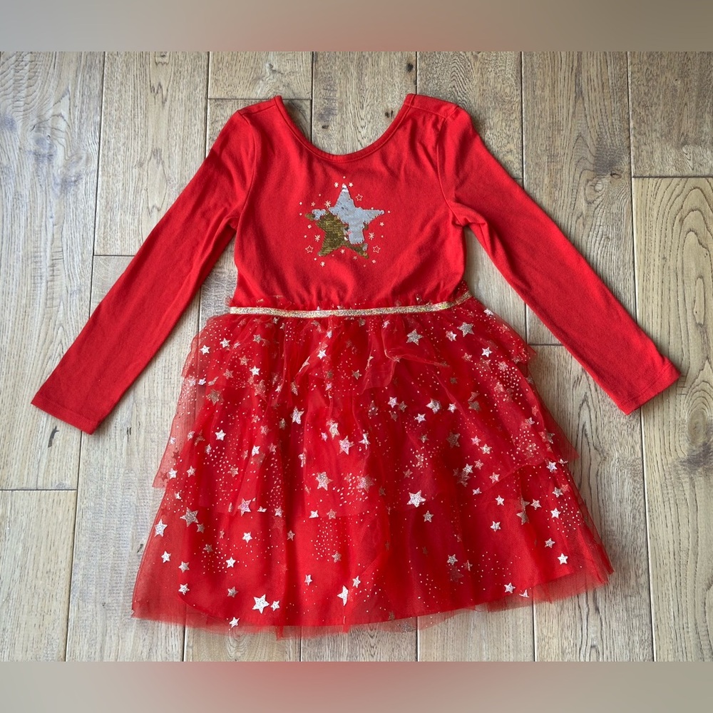 Cat & Jack Red Long Sleeve Holiday Star Sequin Tulle Tutu Dress size XS 4/5